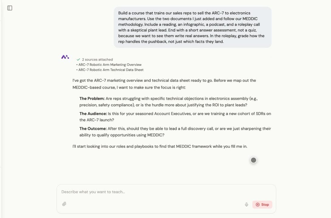 A course being described in plain language in Creator Studio, and the agent replying with the problem, the audience and the outcome it has understood.