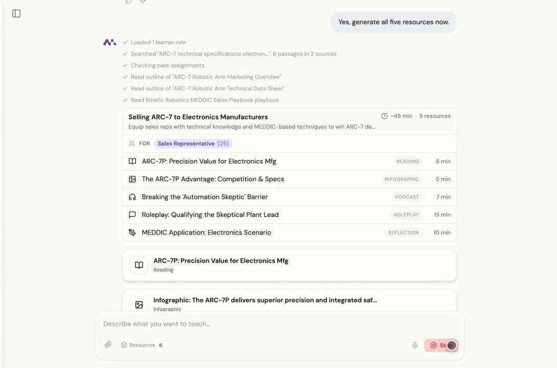 The Creator agent lists the steps it took, including reading both ARC-7 source documents and the MEDDIC sales playbook, then produces a five lesson course with a time estimate on each lesson.