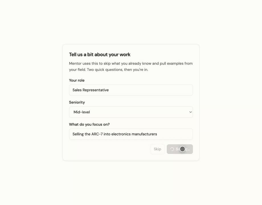 A short first-run form asking the learner for their role, seniority and current focus, saying it will be used to skip what they already know and pull examples from their field.