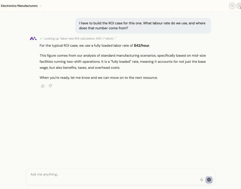 A learner asking mid-lesson which labour rate to use for an ROI case and where the number comes from, and the Mentor answering with a fully loaded rate of $42 an hour drawn from the company's own analysis.
