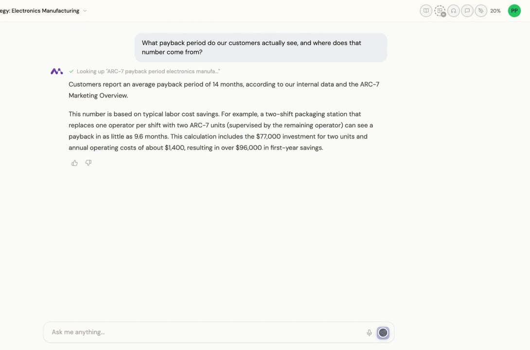A learner asking mid-lesson about payback period, and the Mentor answering with a figure attributed to the company's own marketing overview.
