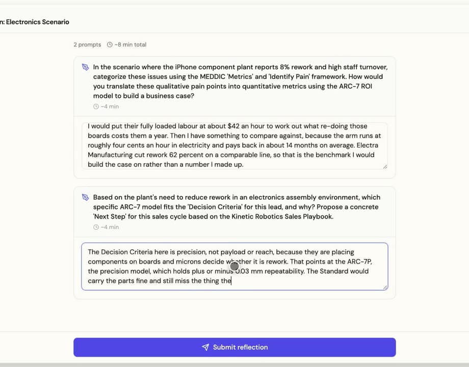 An open-ended checkpoint with two prompts, asking the learner to translate a plant's rework and turnover into MEDDIC metrics and to name the right ARC-7 model and next step, with their typed answers below each.