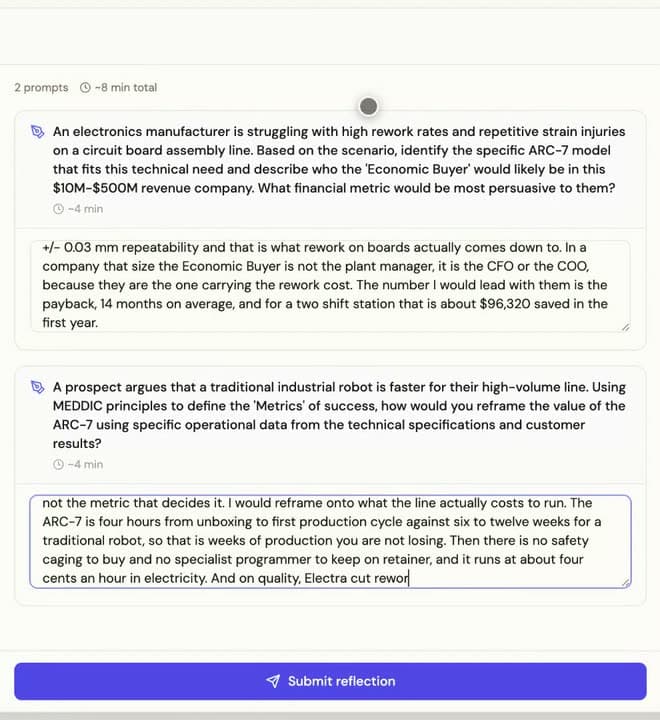 An open-ended checkpoint asking the learner to identify the right ARC-7 model and the most persuasive financial metric, with their typed answer below it.