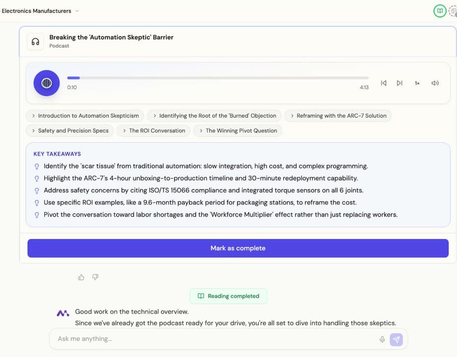 A generated podcast episode called Overcoming the Failed Automation Objection, with an audio player and its key takeaways listed underneath.