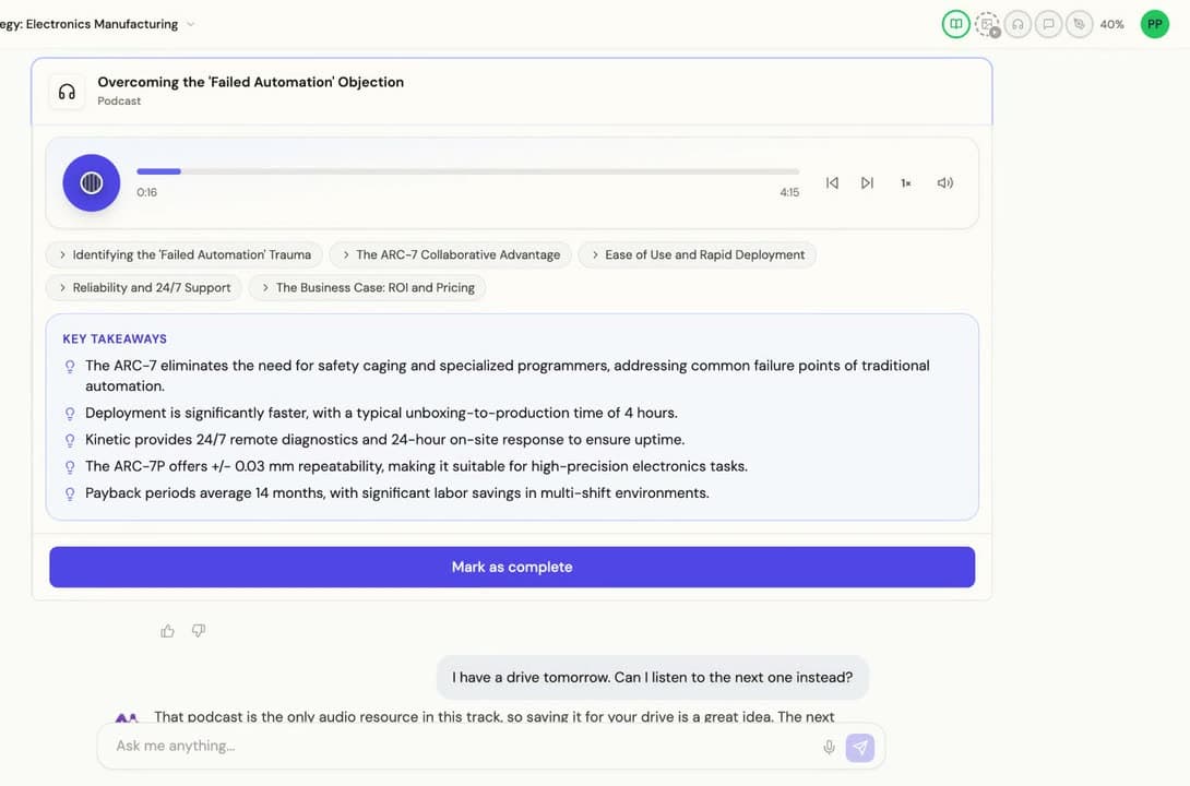 A generated podcast episode called Overcoming the Failed Automation Objection, with an audio player and its key takeaways listed underneath.