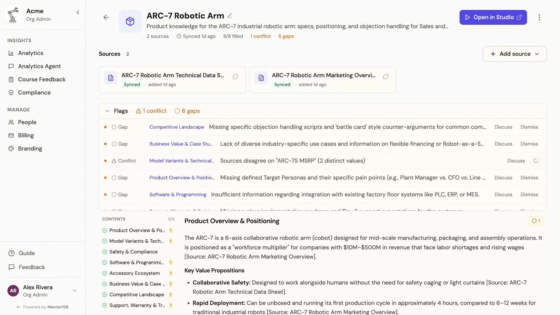 A knowledge base built from two source documents, flagging one conflict where the sources disagree on a price, plus six coverage gaps. Body text carries inline source citations.