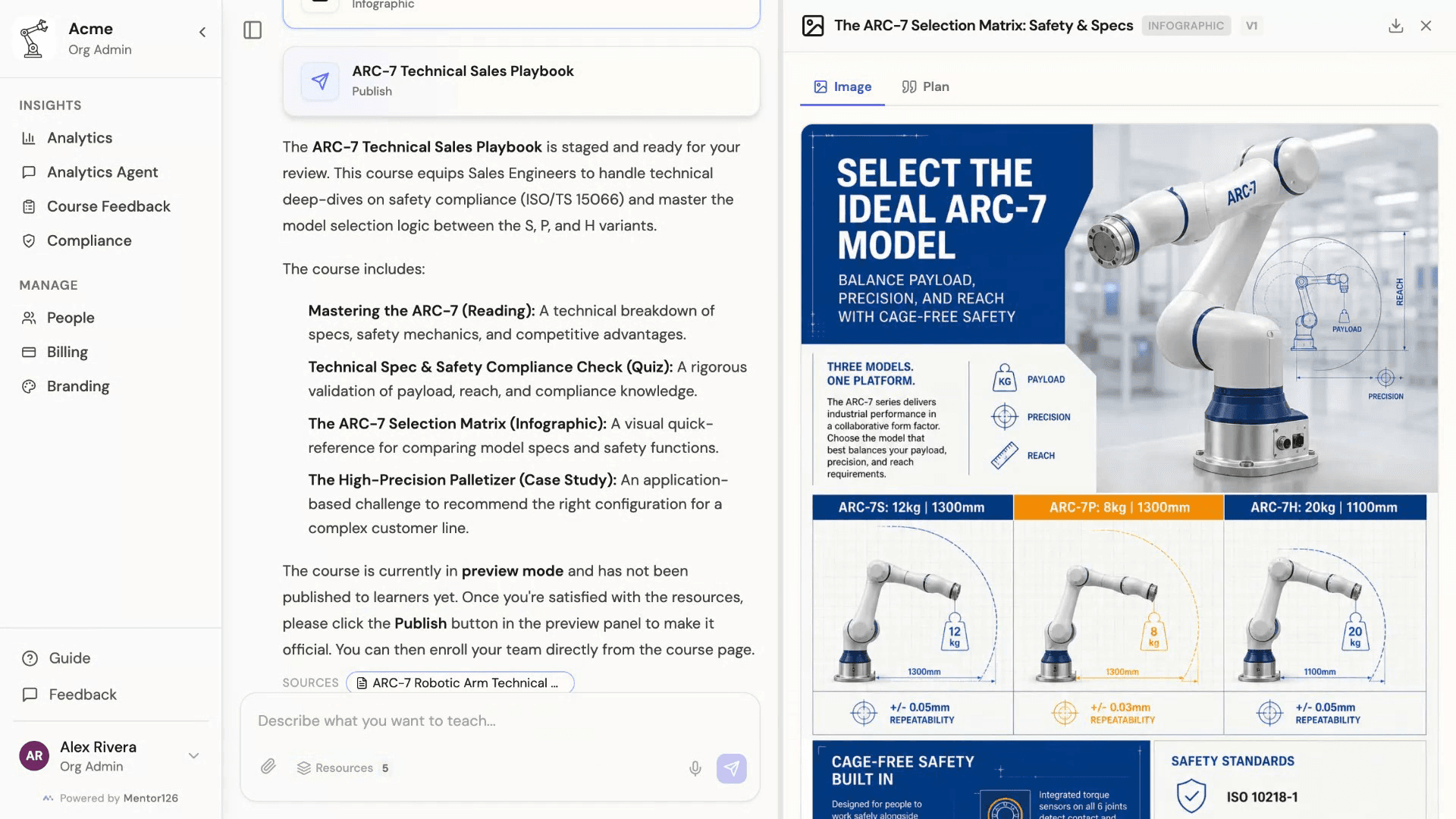 Creator Studio with the chat on the left listing a four-lesson course it just built, and the generated infographic open in the panel on the right.
