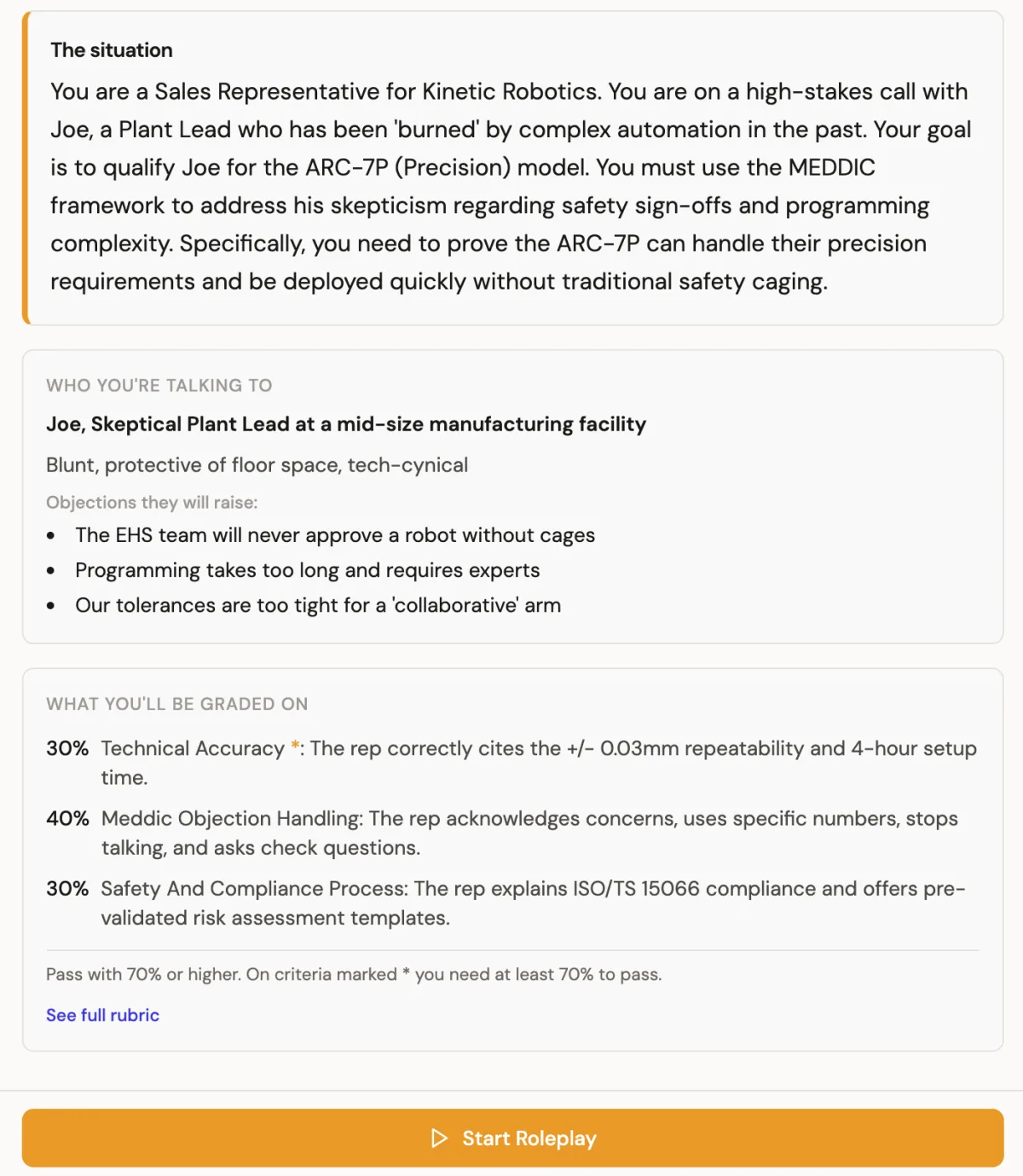 A practice call brief with the buyer, his objections and the weighted grading criteria.