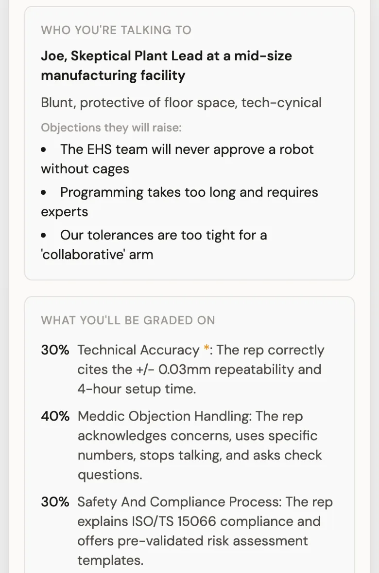 An AI sales roleplay brief: the situation, Joe the skeptical plant lead, the three objections he will raise, and the weighted criteria the rep will be graded on.