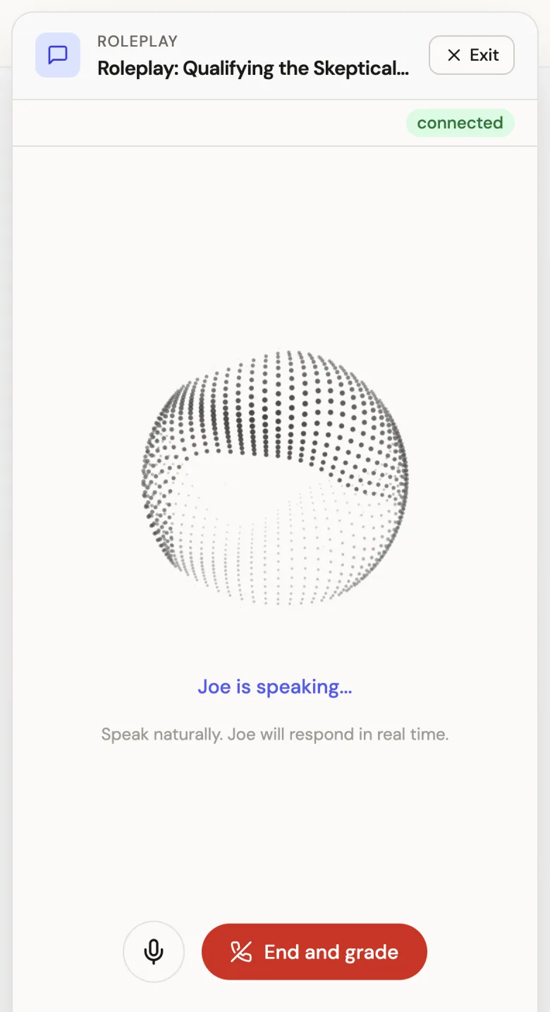 A live voice practice call: Joe, the skeptical plant lead, is speaking, and the transcript shows his objection that his EHS team won't approve anything without serious guarding.